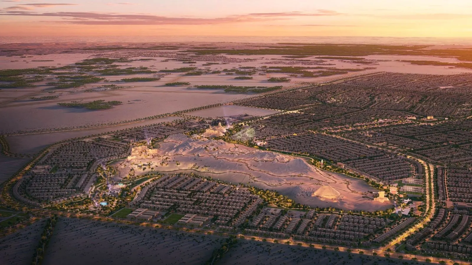 Aerial view of the ROSHN Al Fulwah development at dusk