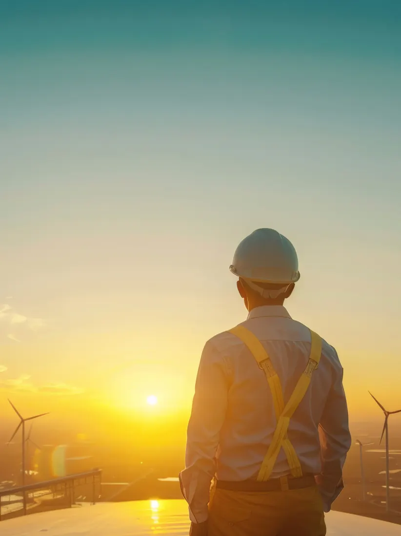Engineer in a hard hat watching the sunset over a site